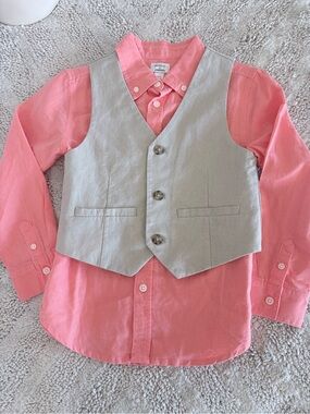 Dressed Up GYMBOREE Boy S 2 Pc Peach Button Up Shirt & Tan Vest Linen Cotton NEW